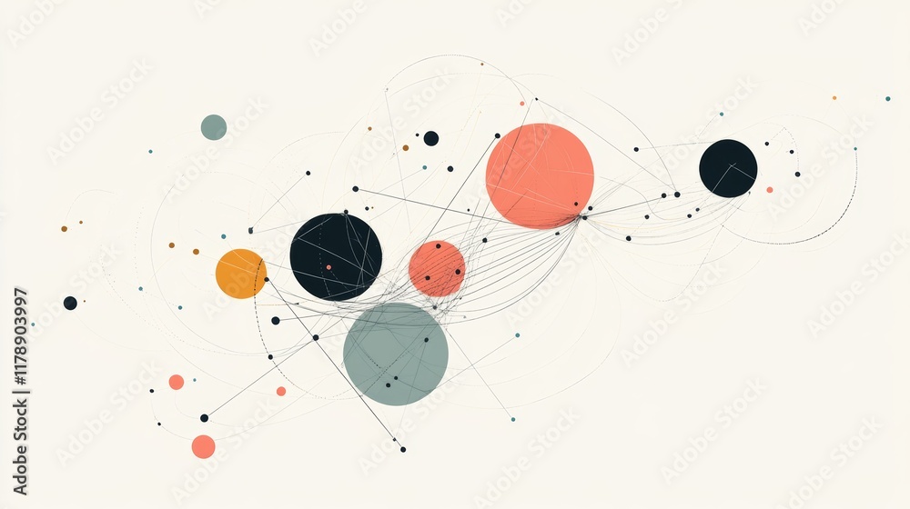 Poster This abstract minimalist design features a dynamic network of circles and lines, symbolizing the flow of data. Ideal for modern digital art needs.