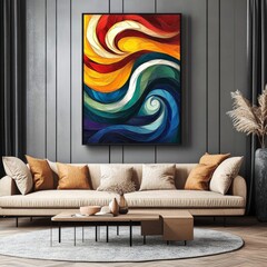 A colorful painting of a wave is hanging on the wall. The painting is framed and is the focal point of the room. The room also features a couch and a coffee table