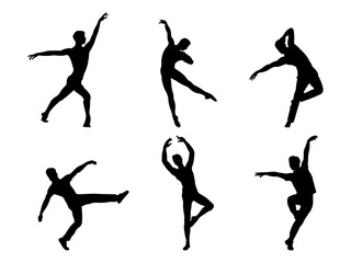 Set of Male Dancer Silhouette in various poses isolated on white background