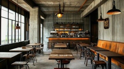Industrial Chic Cafe Interior Design: Rustic Wooden Tables and Concrete Walls
