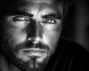 Obraz premium Cinematic Black and White Portrait of a Man with Serious Expression