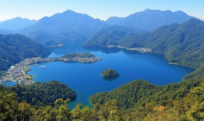 Aerial view of serene blue lake, island, town, and mountain range.