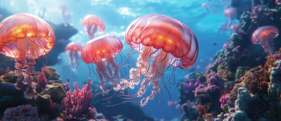 Fototapeta premium Ethereal Jellyfish Swimming Gracefully in Vibrant Coral Reef Scene