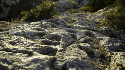 Fototapeta premium Close-up of ancient dinosaur footprints embedded in rocky terrain with sparse vegetation, showcasing prehistoric life and natural history. Paleontology and geology concepts