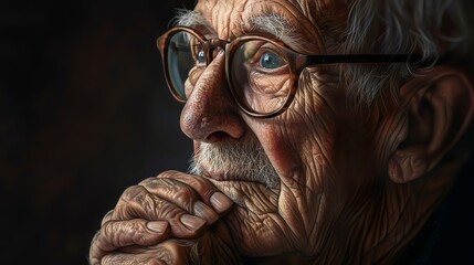 A close-up portrait of an elderly man with glasses and a thoughtful expression.