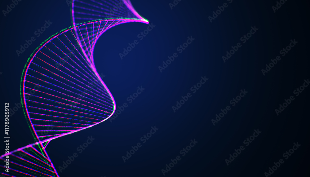 Poster Abstract representation of a DNA spiral structure with glowing lines and dots on a blue background. 3D Rendering