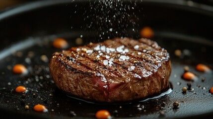 A perfectly cooked steak garnished with salt and spices, showcasing culinary presentation.