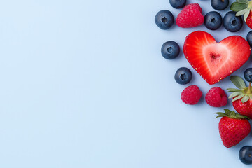 Strawberry in heart shape, blueberries and raspberries on plain background with copy space. St....