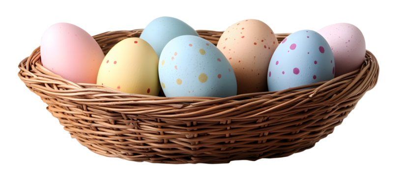 Wicker basket with colorful easter eggs on transparent background. cut out