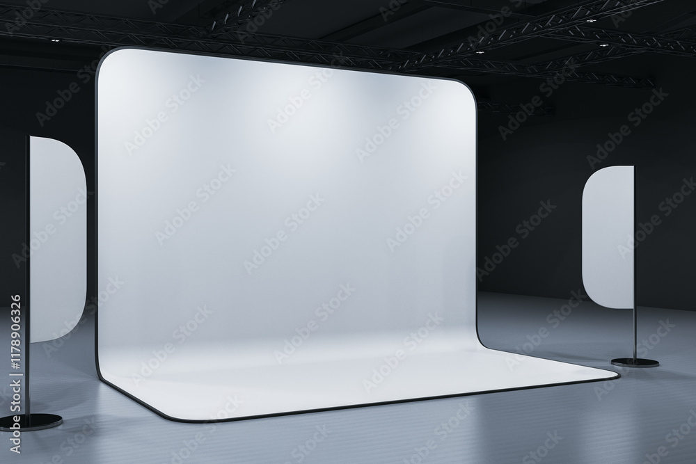 Poster modern exhibition stand with blank white panels and curved edges in a dark room. 3d rendering