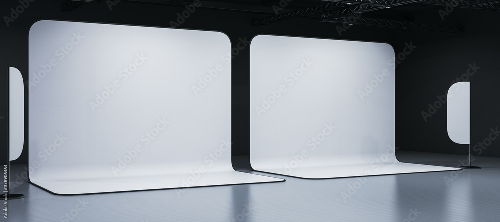 Poster empty exhibition booth mockup with clean white panels and a dark background. 3d rendering