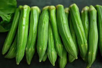 Obraz premium Fresh green okra pods on dark background