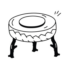 A whimsical, hand drawn illustration of a tire upcycled into a unique table