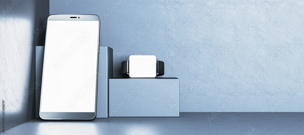Poster Smartphone and smartwatch mockup on minimalist stands with blank white screens. 3D Rendering