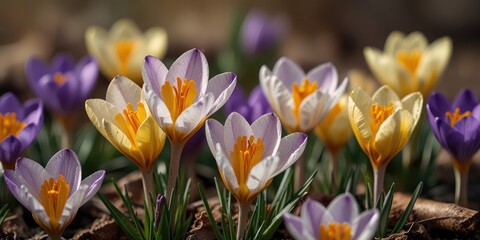 Naklejka premium crocus spring flowers,Golden and Purple Crocuses in Bloom