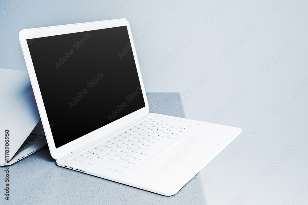 Aufkleber modern white laptop with blank screen on light surface in a minimalist setting. 3d rendering