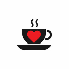 A simple, flat icon of a coffee cup and saucer, with a red heart design on the cup, and steam rising from the top.