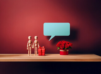 Two wooden figurines stand holding hands beside a small gift, next to red roses in a pot and a blank speech bubble.  A simple, romantic scene.