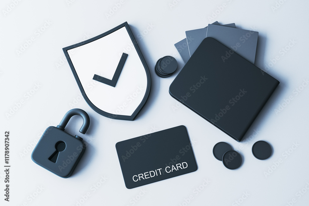 Poster Secure transaction concept with credit card, lock, wallet, and shield with checkmark on light background. Banking and data protection. 3D Rendering