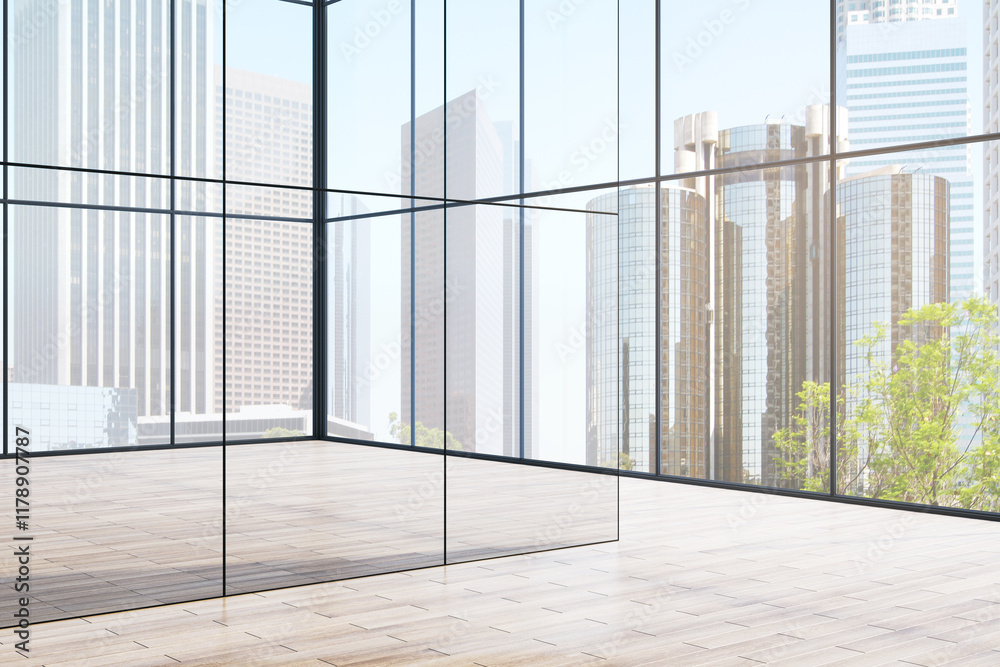 Poster modern empty office room with glass walls and cityscape view through windows. 3d rendering