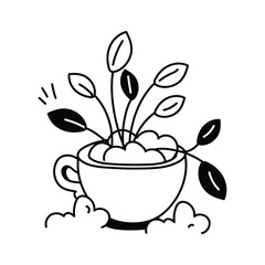 Line drawing depicts a repurposed coffee cup, now a miniature planter holding a small plant