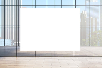 Blank white vertical display in modern glass-walled interior with cityscape view in the background, open and spacious design. 3D Rendering