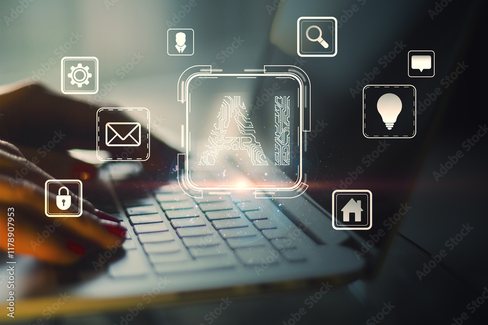 Aufkleber concept of artificial intelligence with digital icons over a laptop background.