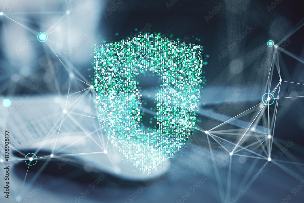 Poster Digital shield lock symbol composed of glowing pixels and network connections on blurred background. Concept of cybersecurity and protection.