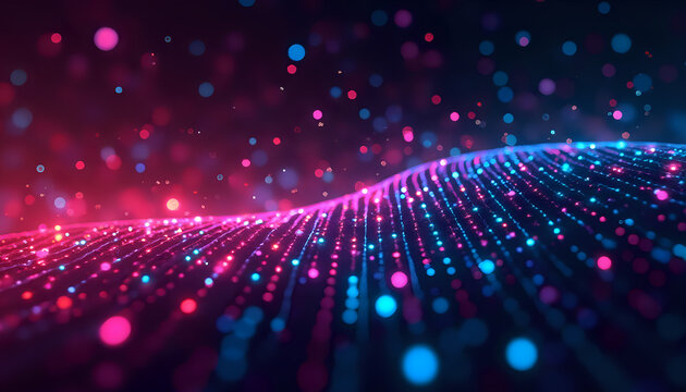 A vibrant background showcasing neon-colored binary code cascading downward, combined with streaks of motion blur, symbolizing rapid data transfer.