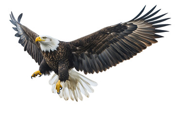 Fototapeta premium mature American bald eagle in flight and isolated on white, cut out.