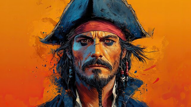 Portrait of jack sparrow wearing tricorn hat and bandana, showing determination and bravery