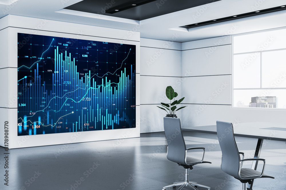 Poster modern office with financial charts on digital screen in bright environment. 3d rendering