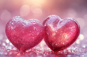 Obraz premium Two Pink Hearts with Water Droplets on Them for Valentine Day