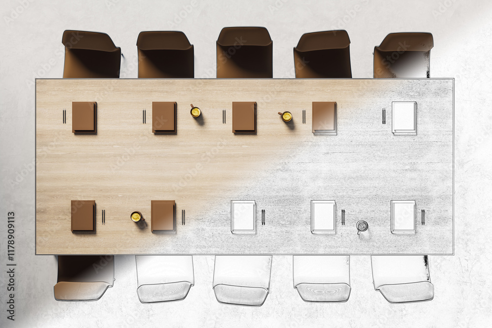 Poster top view of a modern meeting room table with chairs, half sketch and half realistic design concept, 