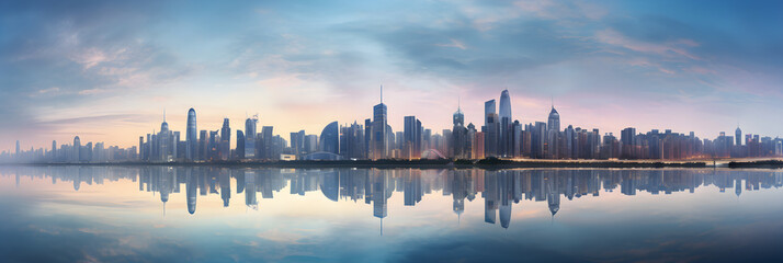 Obraz premium Incredible Display of Twilight Urbanity: HJ City Skyline Against the Gorgeous Backdrop of a Multicolored Sky