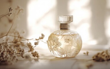 A minimalist perfume bottle with intricate floral patterns, set on a light-colored, blurred background to accentuate its delicate design