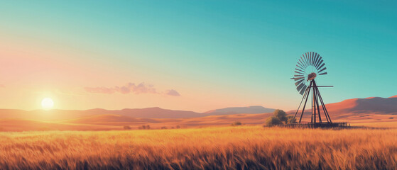 Breathtaking Sunrise Over Golden Fields with Vintage Windmill