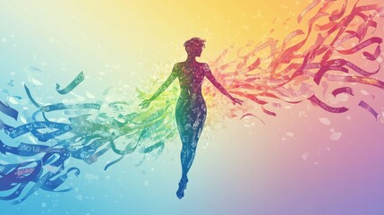 Obraz premium 4.An artistic vector featuring a human figure composed of abstract ribbon shapes, with words like hope, strength, and unity radiating outward, on a pastel gradient background.