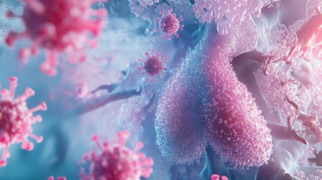 58.A medical-themed banner highlighting a close-up of diseased lungs in a stylized 3D view, with cancer cells and virus particles, complemented by the event date and a supportive message.