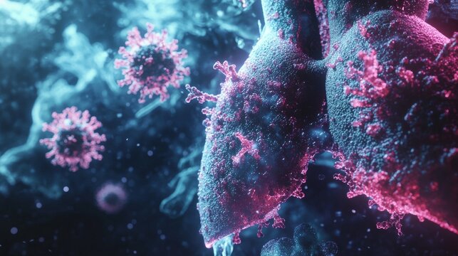 58.A medical-themed banner highlighting a close-up of diseased lungs in a stylized 3D view, with cancer cells and virus particles, complemented by the event date and a supportive message.