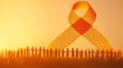 71.A celebratory banner showcasing an orange ribbon made up of tiny silhouettes of people holding hands, surrounded by text highlighting World Kidney Cancer Day and its date.
