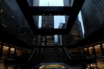 City plaza stairs at dusk, skyscrapers in background, urban setting.