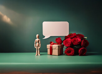 A wooden figure stands beside a gift and red roses, a blank speech bubble floats nearby.  A romantic, thoughtful scene hinting at unspoken words.