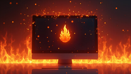 Firewall icon on computer monitor. Digital flames being blocked by firewall. Cyber security...