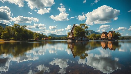 Obraz premium Picturesque lakeside houses nestled on tranquil water, reflecting a vibrant sky and fluffy clouds, creating a serene and idyllic landscape.