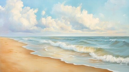 Fototapeta premium A calming beach scene with smooth waves and golden sand, framed by a pale blue sky and soft clouds
