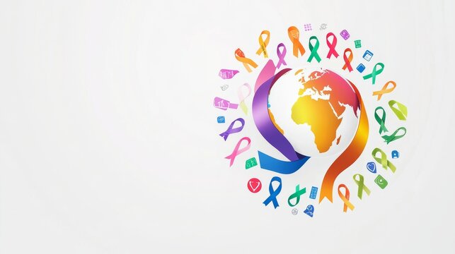 3.A minimalistic cancer awareness banner design with an array of colorful ribbons encircling a globe, symbolizing unity and global support, set against a clean white backdrop with subtle medical