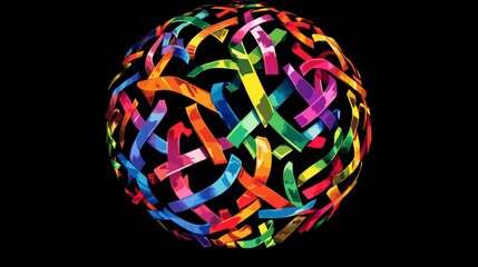 47.A modern and uplifting graphic showing overlapping awareness ribbons of various colors forming a globe shape, symbolizing global unity in the fight against cancer.
