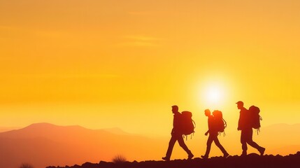 Fototapeta premium Silhouetted Hikers Against a Vibrant Sunset Over Mountain Landscape