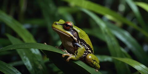 Obraz premium Rainforest frog, Rainforest Frog Among Lush Green Leaves 